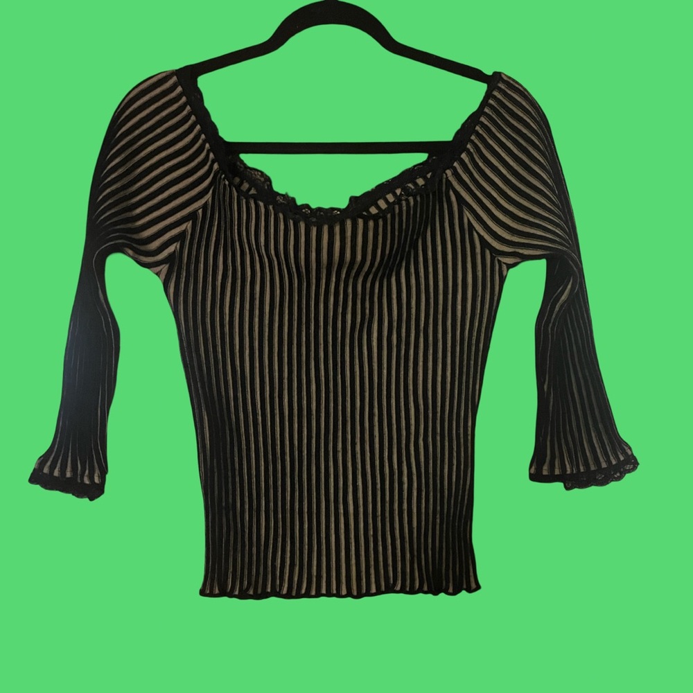 Black and Cream Striped Women's Off the Shoulder Top